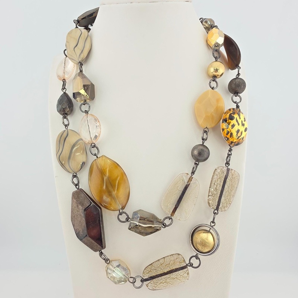 Vtg NEW YORK & CO Statement Necklace Acrylic Resin Metal Beads Gunmetal Gray 42"